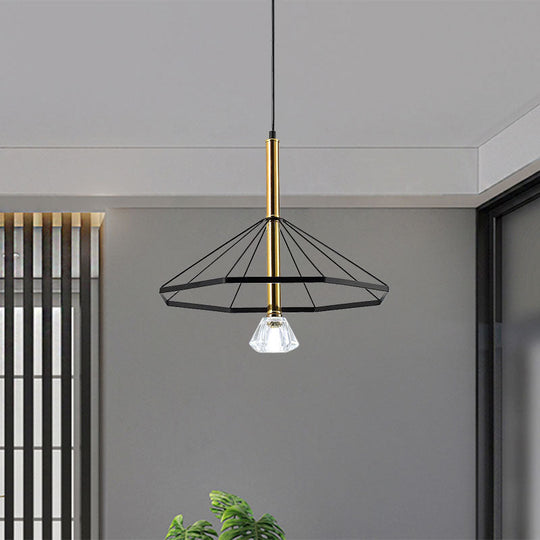 Industrial Style Pendant Lamp With Caged Metal And Clear Crystal Shade Black Finish