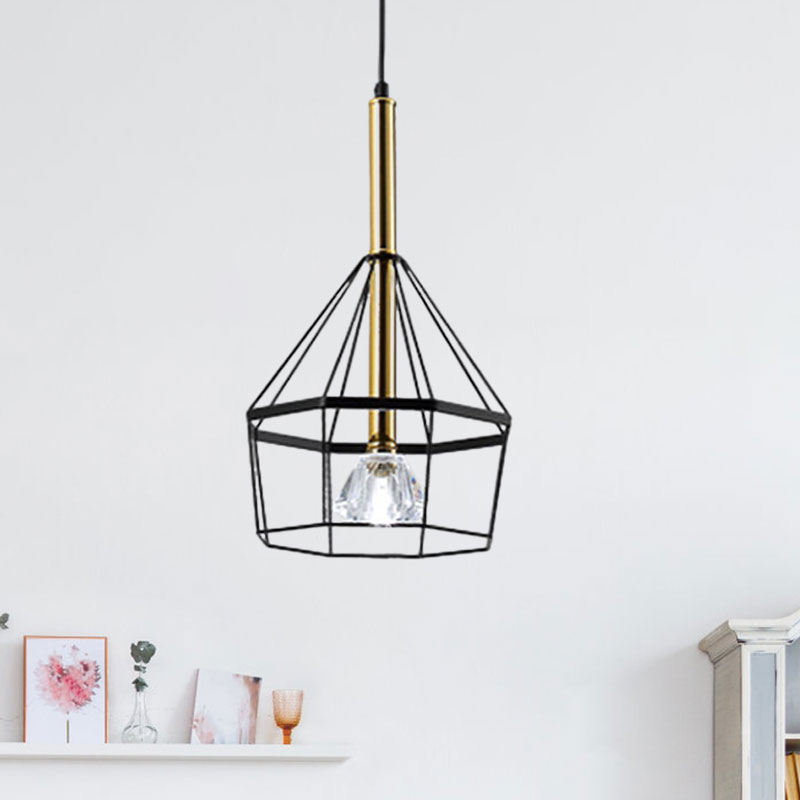 Industrial Style Pendant Lamp With Caged Metal And Clear Crystal Shade Black Finish / C