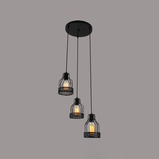 Industrial Style Metallic Black Wire Cage Pendant Light With 3 Heads - Perfect For Foyer Suspension