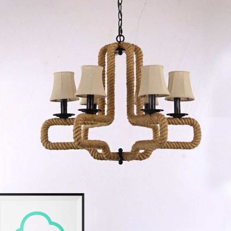 Loft Style 6-Head Brown Chandelier Light With Fabric Bell Shades And Rope Detail - Ideal For