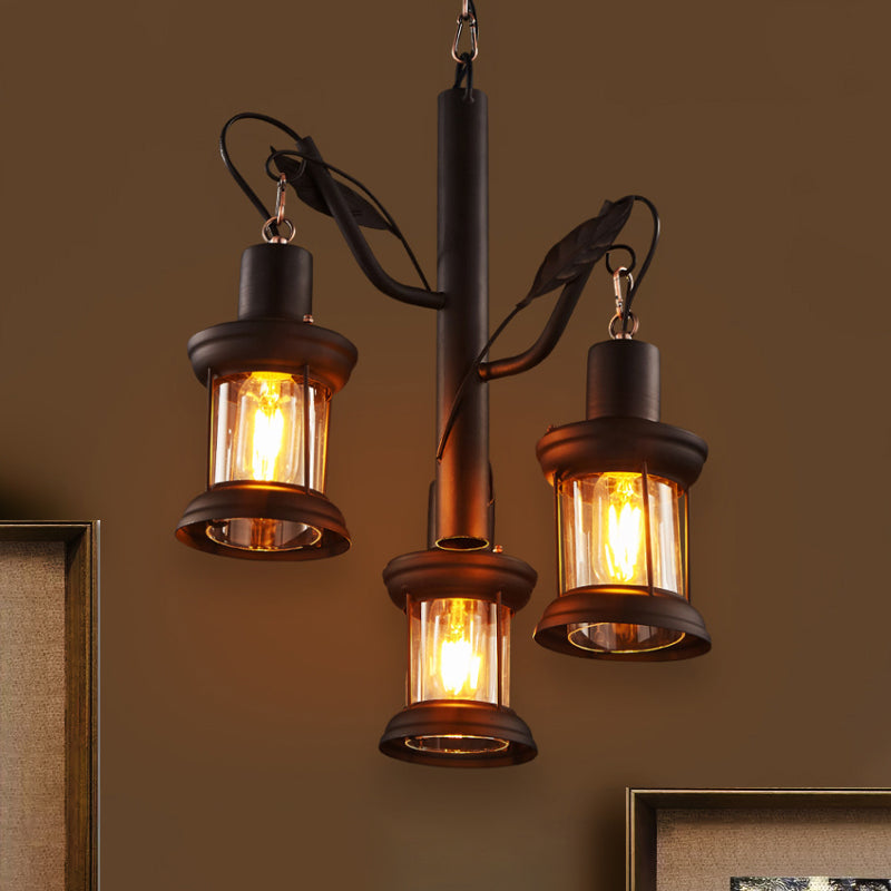 Coastal Lantern Pendant Chandelier - 3-Light Ceiling Fixture with Clear Glass in Black