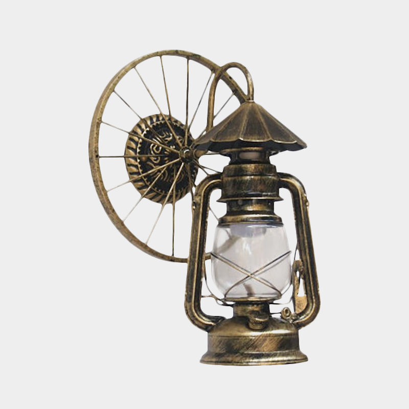 Antique Stylish Black/Bronze Finish Lantern Wall Sconce Light Wrought Iron Mounted Lamp With Wheel