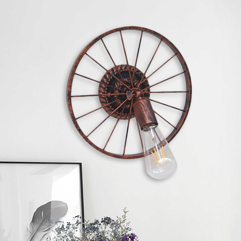 Farmhouse Style Metal Wall Sconce Lamp Black/Bronze Wheel Design With Open Bulb 1 Light Restaurant