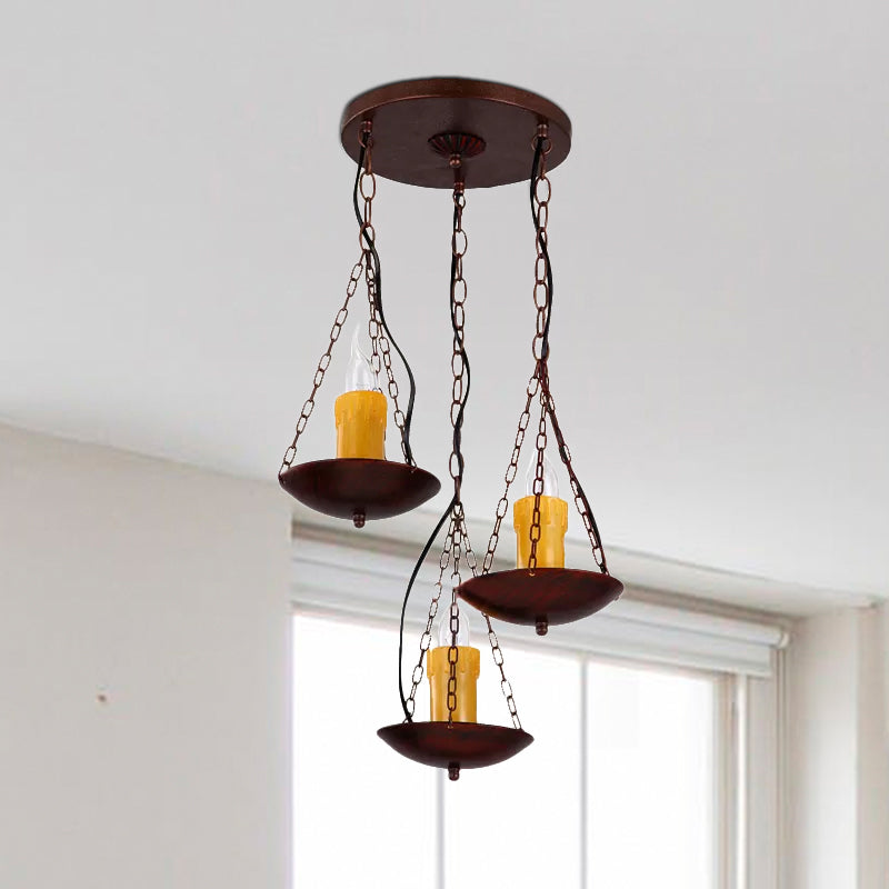 Vintage Three-Head Candle Ceiling Light In Rust For Coffee Shop - Black Metal Hanging Lamp