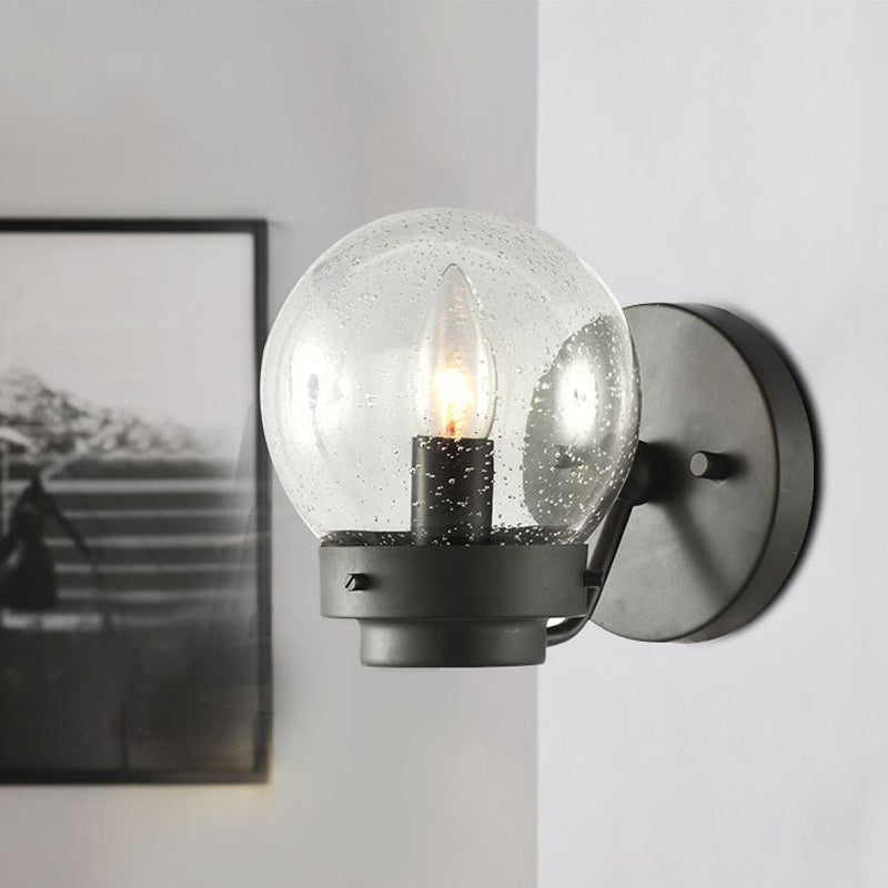 Industrial Seeded Glass Sconce With Black Globe Shade For Bedroom Lighting