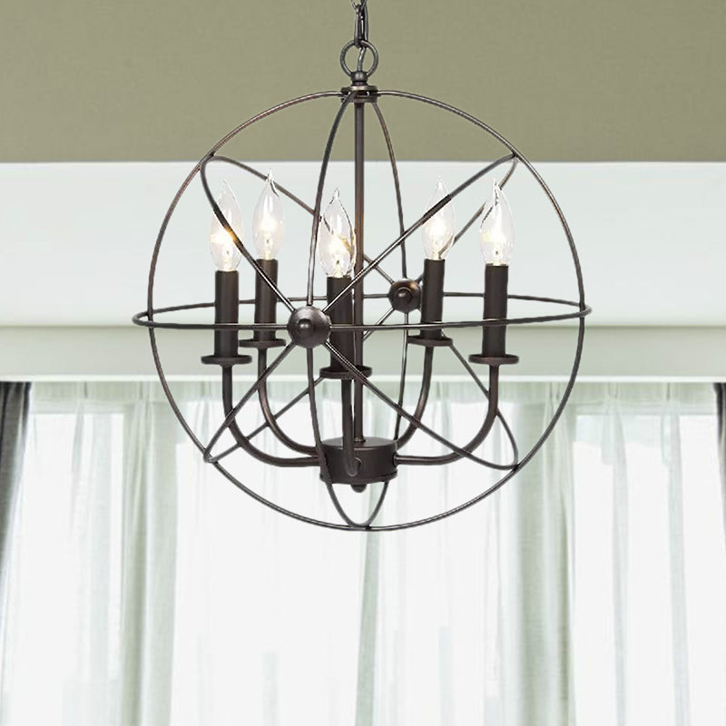 Vintage Metal Strap Globe Chandelier Pendant Light With 5 Bulbs - Black Restaurant Hanging Lamp