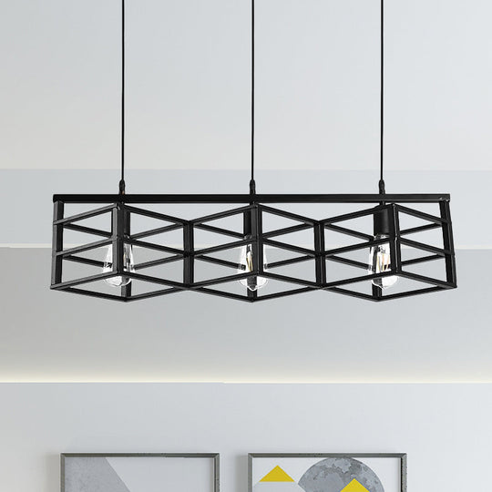 Vintage Industrial Black Linear Cage Pendant Light With 3 Bulbs For Hallways