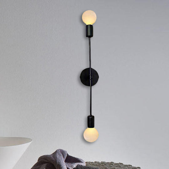 Modern Linear Metal Wall Sconce Light With Open Bulb - 2 Lights Loft Style Balcony Lamp Black