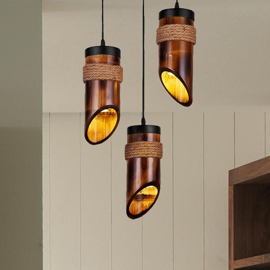 Retro Three-Light Bamboo Pendant Lamp In Brown Ideal For Dining Room