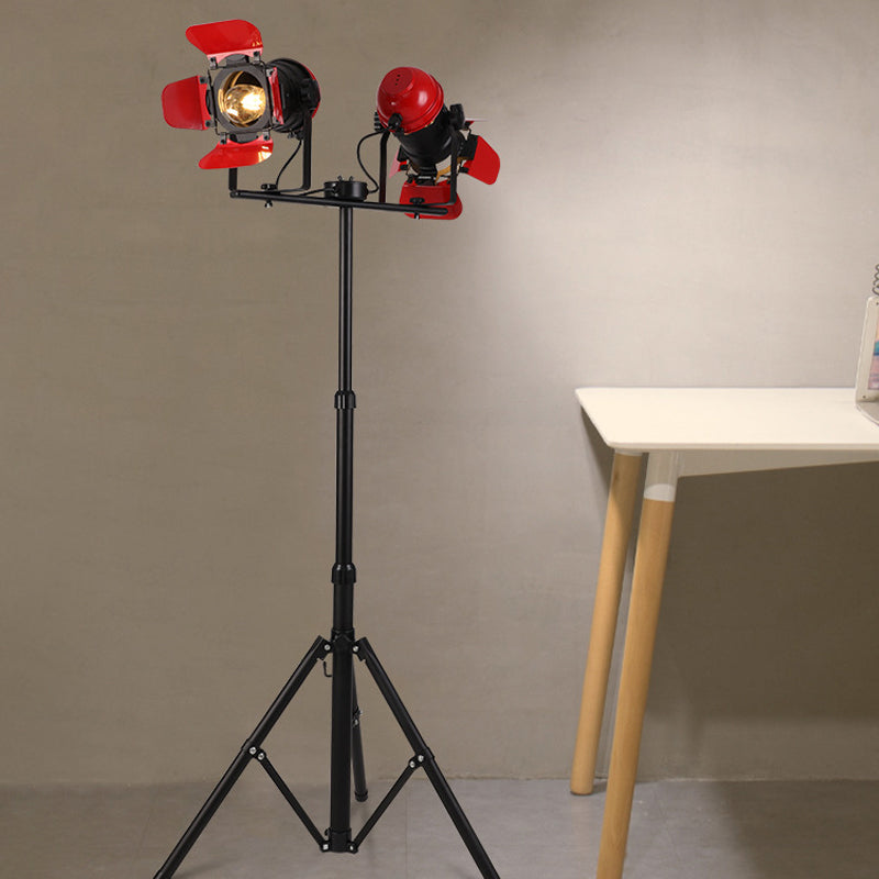 Red Tripod Design Retro Industrial Floor Lamp - 2 Lights Metallic Standing Light For Studios