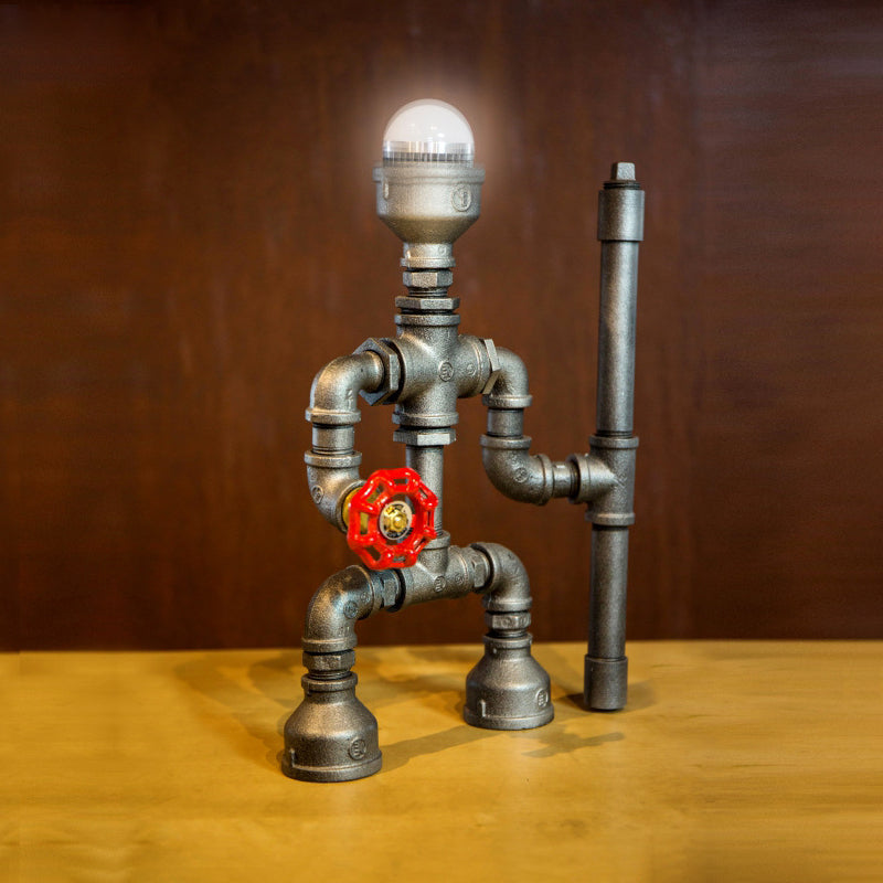 Industrial Wrought Iron Robot Table Lamp With Pipe Design - Silver Finish 1 Bulb