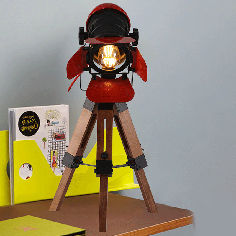 Industrial Style Red Metal And Wood Desk Lamp With Tripod Base - Ideal For Restaurants