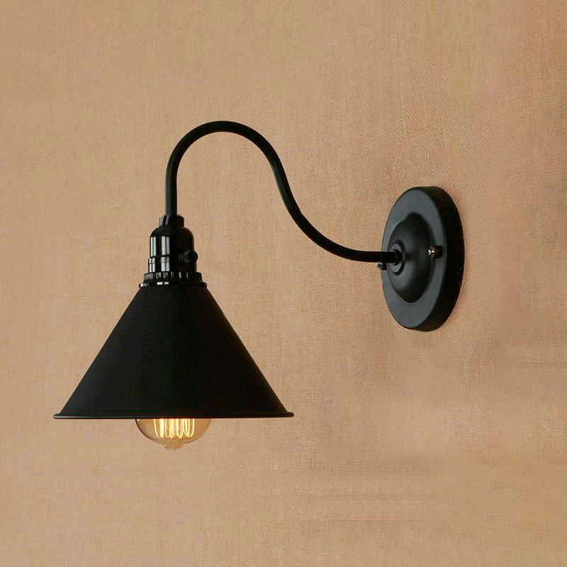 Retro Stylish Wall Sconce Lamp: Conical Metal Plug-In Light With Gooseneck Arm | Matte Black For