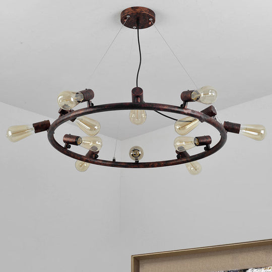 Antique Stylish Dark Rust Wrought Iron Chandelier Light Fixture - 8/12 Lights Circular Hanging Pendant
