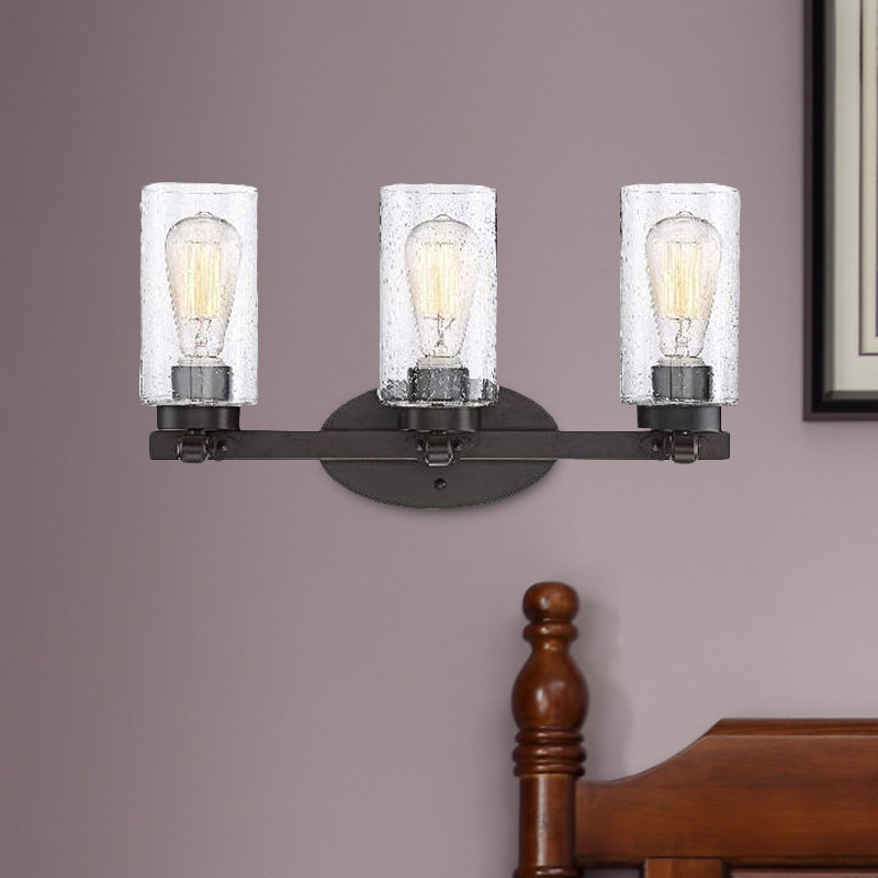 Industrial Black Seeded Glass Sconce Light Fixture - 3-Bulb Cylinder Wall Lamp For Dining Room In