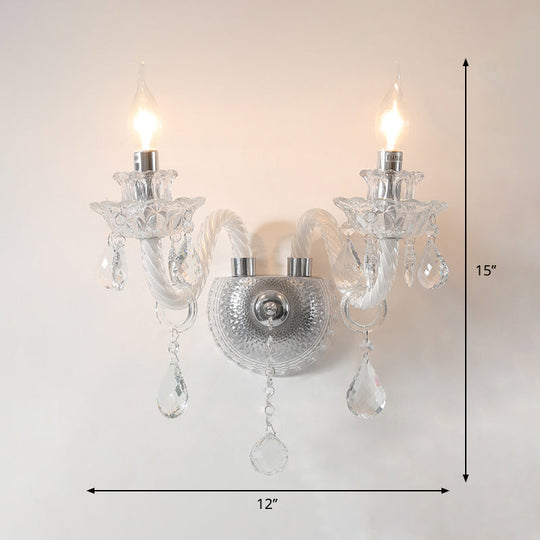 Contemporary Candelabra Wall Sconce With Clear Faceted Crystals And Droplets - 2 Bulbs