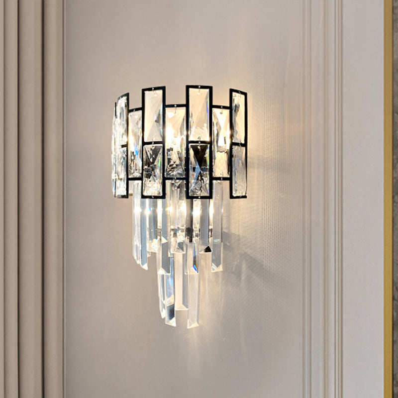 Black Crystal Embedded Wall Sconce - Contemporary Tapered Flush Mount With 3 Heads Clear