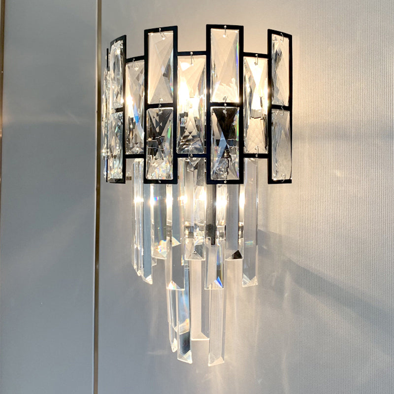 Black Crystal Embedded Wall Sconce - Contemporary Tapered Flush Mount With 3 Heads