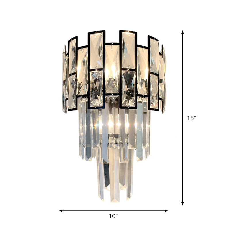 Black Crystal Embedded Wall Sconce - Contemporary Tapered Flush Mount With 3 Heads