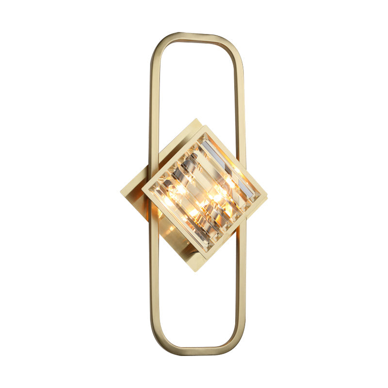 Modern Gold Wall Lamp With Clear Crystal Blocks - Square Lighting In A Rectangular Frame