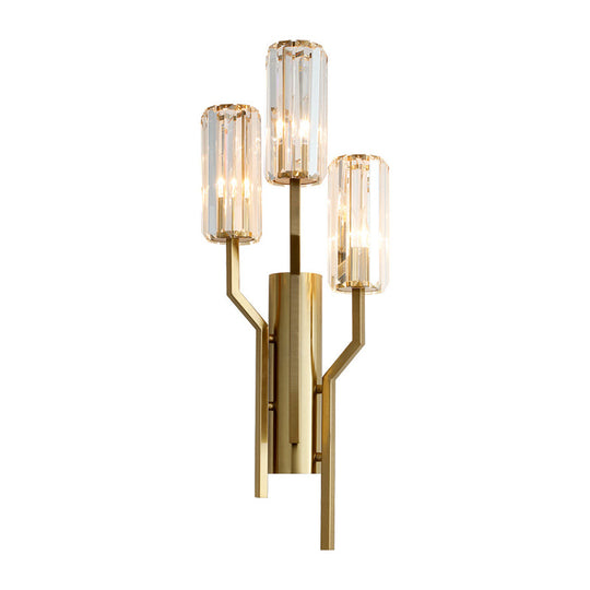 Modern Gold Metal Wall Sconce With Crystal Cylindrical Shade 3 Bulb Crooked Arm Lamp