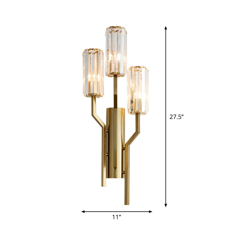Modern Gold Metal Wall Sconce With Crystal Cylindrical Shade 3 Bulb Crooked Arm Lamp
