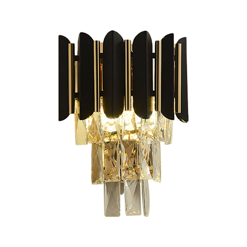 Modern Wall Sconce With Clear Faceted Crystals And Black Finish - 2 Heads