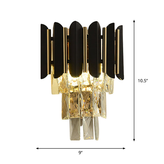 Modern Wall Sconce With Clear Faceted Crystals And Black Finish - 2 Heads