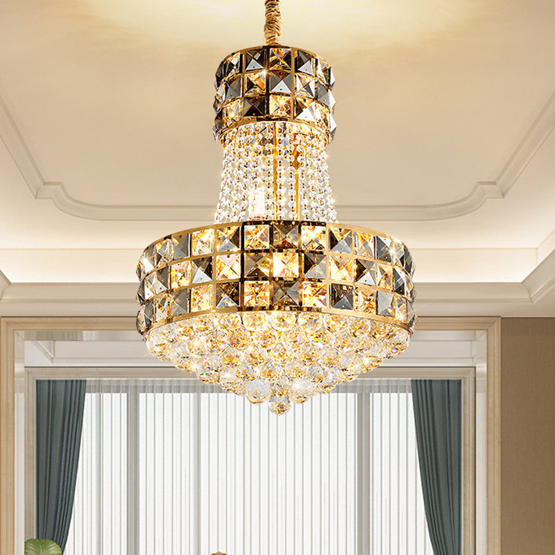 Modern Gold Cone Pendant Chandelier With Crystal Beveling And 3/8 Lights - Living Room Ceiling