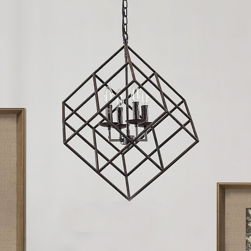 Retro Loft Cubic Cage Iron Chandelier - 4 Lights Pendant Light Stylish Restaurant Hanging Lamp In