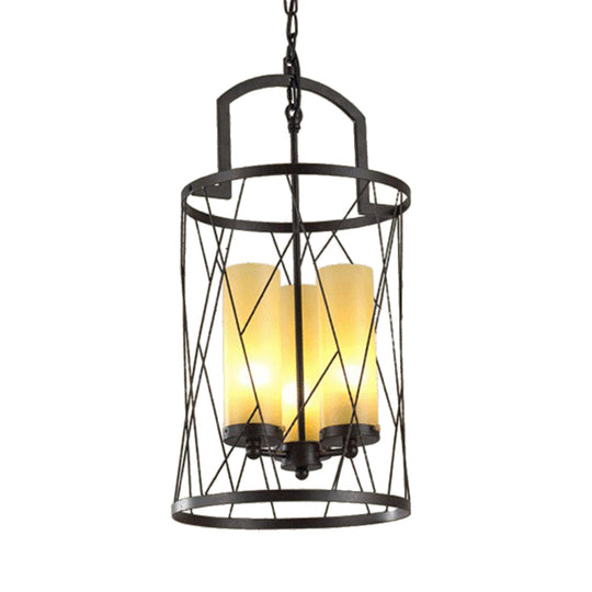 Industrial 3-Head Black Pendant Lamp with Cylinder Glass Shade and Wire Frame - Perfect for Restaurants