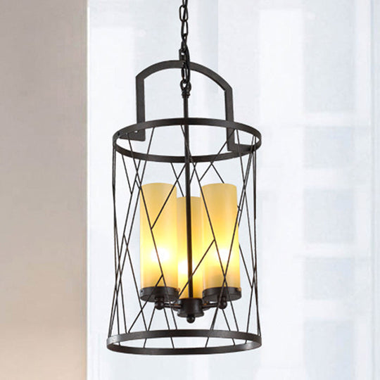 Industrial 3-Head Pendant Lamp With Cylinder Glass Shade And Wire Frame For Restaurants - Black