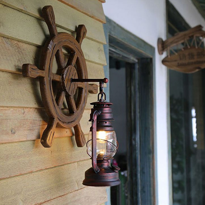 Industrial Lantern Wall Sconce Light With Clear Glass Rust Finish And Wood Rudder - Bedroom Lamp