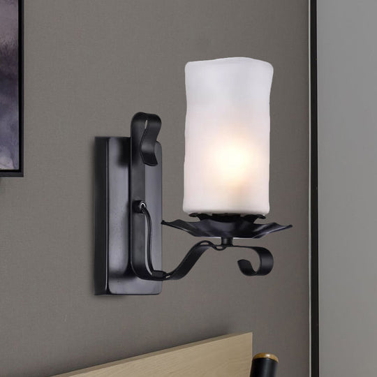 Industrial Frosted Glass Cylinder Bathroom Sconce Light Fixture - Black Wall Lamp