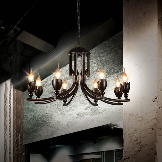 Retro Dark Rust Chandelier with 8 Candle Bulbs - Wrought Iron Pendant Lamp, Curved Arm