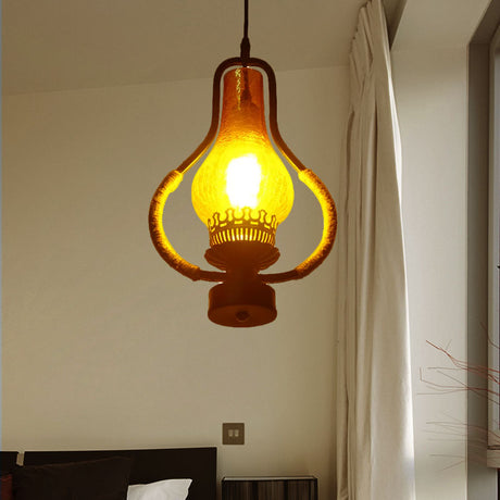 Vintage Yellow Crackle Glass Kerosene Pendant Ceiling Light - Black 1-Light For Living Room
