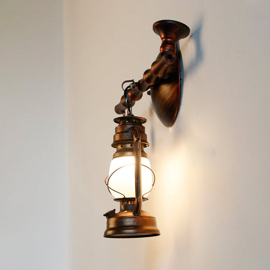 Coastal Opal Glass Lantern Wall Sconce: Antique Copper 1-Light Fixture With Pipe - Dining Room
