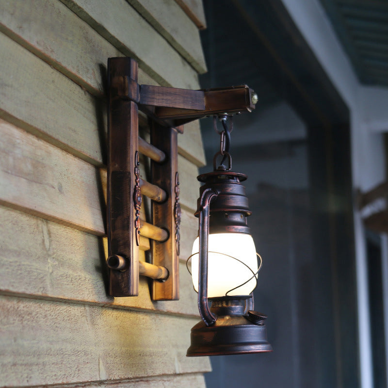 Vintage Clear Glass Wall Sconce With Antique Copper Cylinder Cage And Wooden Backplate - 1 Light