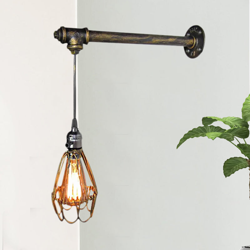 Industrial Wire Frame Wall Lamp With Pipe 1 Light In Aged Brass - Wrought Iron Fixture