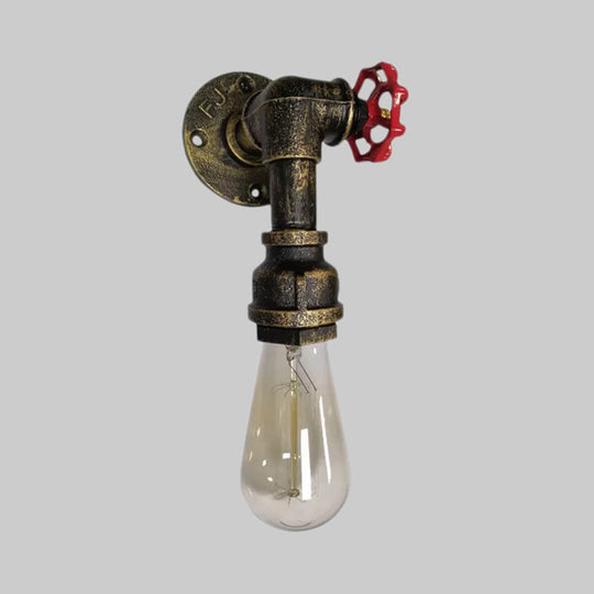 Metal Wall Lighting - Industrial Black/Antique Brass Water Pipe Sconce Light For Bedroom With Valve