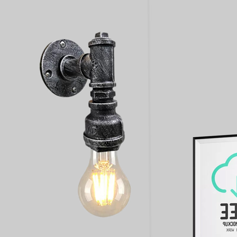 Iron Wall Sconce Lighting - Industrial Black/Aged Silver Indoor Mounted Lamp With Water Pipe 1 Light