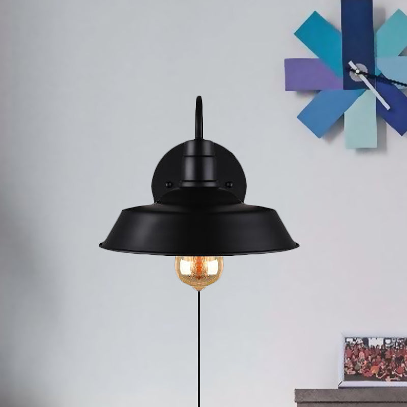 Barn Industrial Metal Wall Light Fixture - 1-Light Black Sconce With Gooseneck Arm And Plug-In Cord