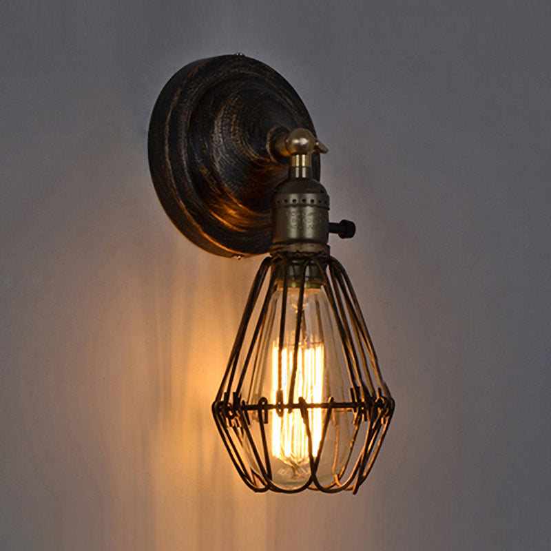 Farmhouse Antique Brass Wrought Iron Sconce - Stylish 1-Bulb Wire Cage Wall Lamp For Restaurants