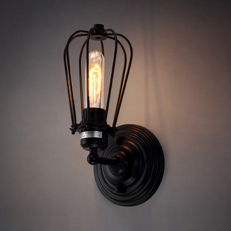 Industrial Rustic Wall Sconce Light With Bulb Cage Shade Metal Black Finish (2-Pack)
