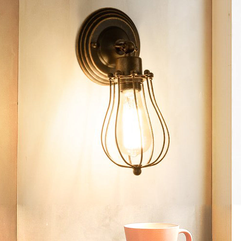 Farmhouse Style Wall Lamp Iron Head With Dark Rust Wire Guard - Coffee Shop Mini Sconce Light