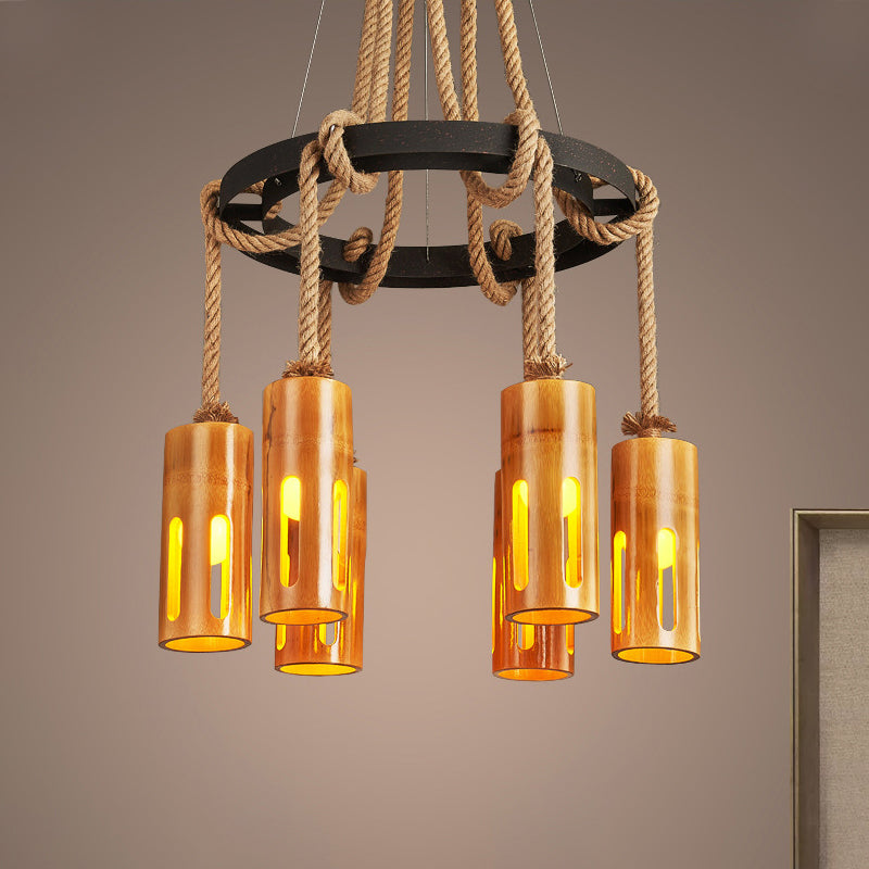Lodge Style Bamboo Chandelier Pendant Lamp with Multi Lights and Hanging Rope