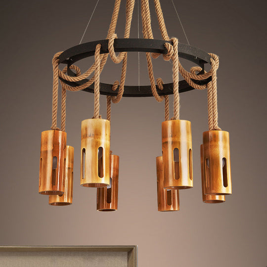 Lodge Style Bamboo Chandelier Pendant Lamp with Multi Lights and Hanging Rope