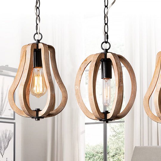 Country Style Wood Orb Drop Ceiling Pendant Light In Black For Foyer