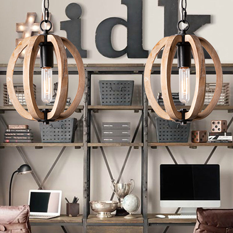 Country Style Wood Orb Drop Ceiling Pendant Light In Black For Foyer
