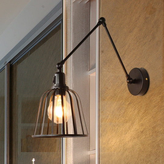 Industrial Swing Arm Wall Lamp With Metallic Wire Cage - Bedroom Lighting In Black